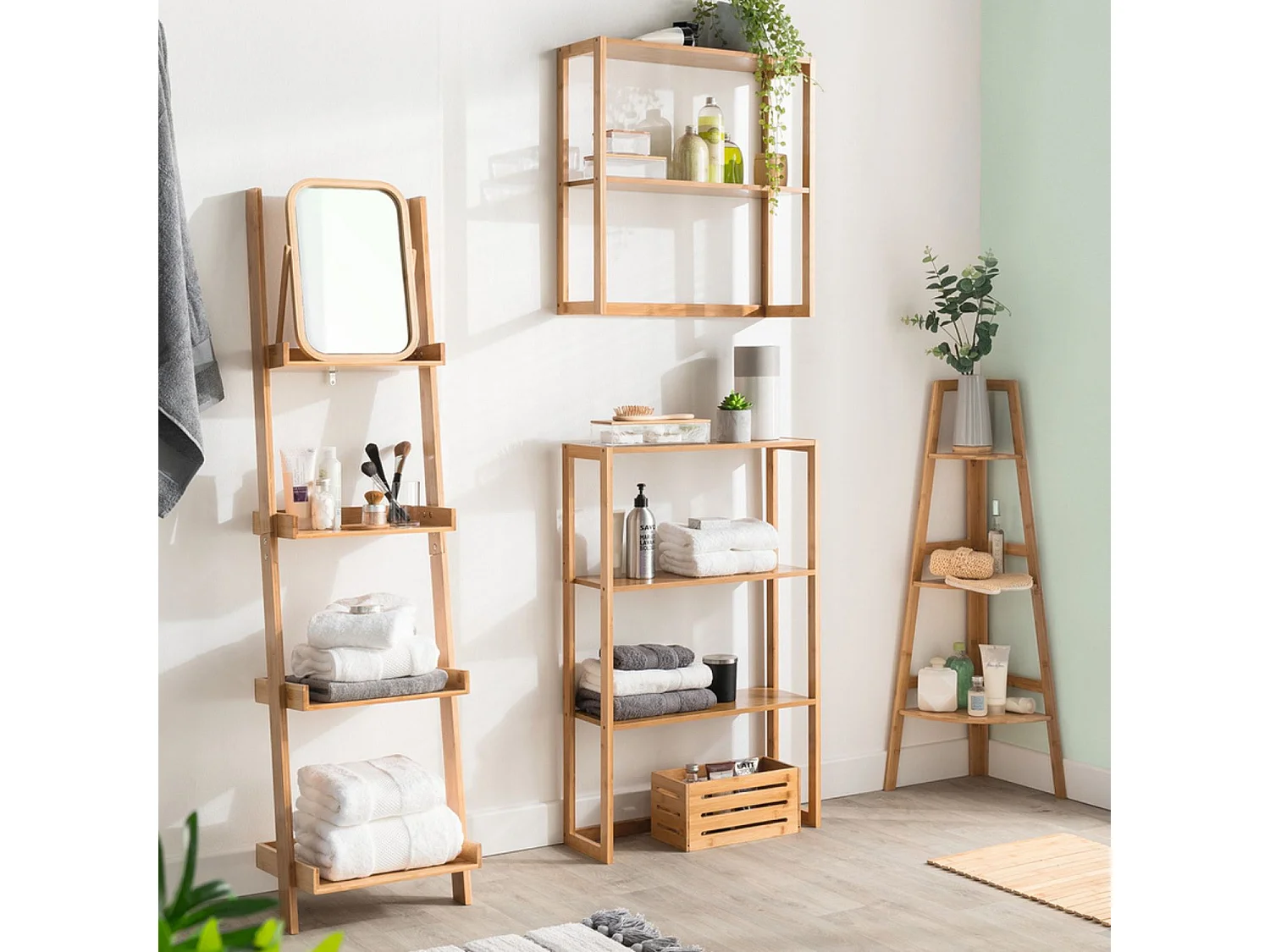 Etagère d'angle en bambou à 3 niveaux 103x31,9x31,9cm 7house