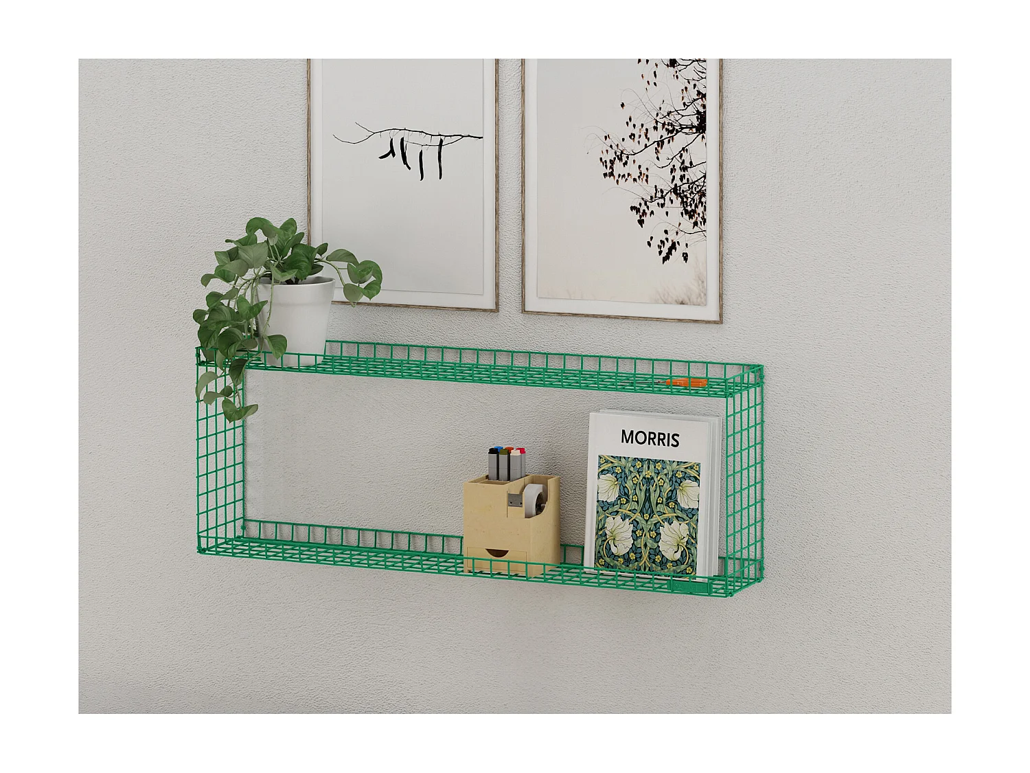 RACK | Wandplank met 2 planken in groen metaal, groot