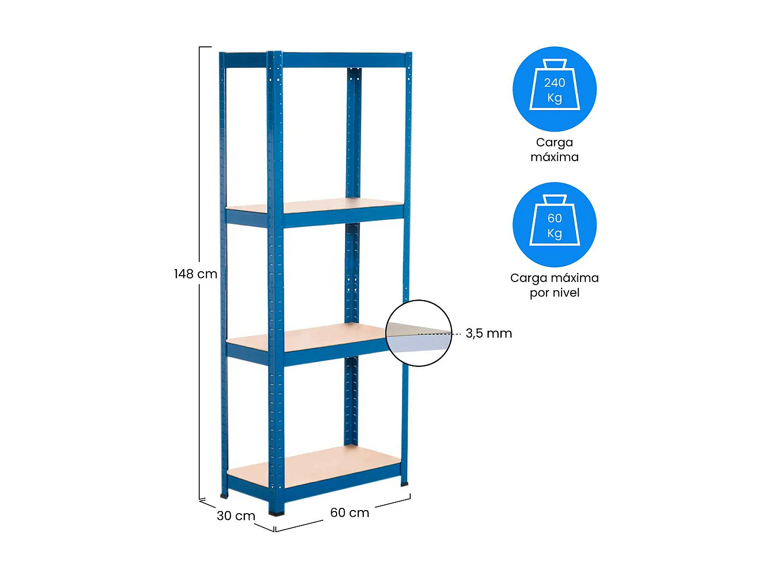 Etagère Métallique avec 4 Tablettes Ajustables 148x60x30cm 240 Kg Bleu Thinia Home