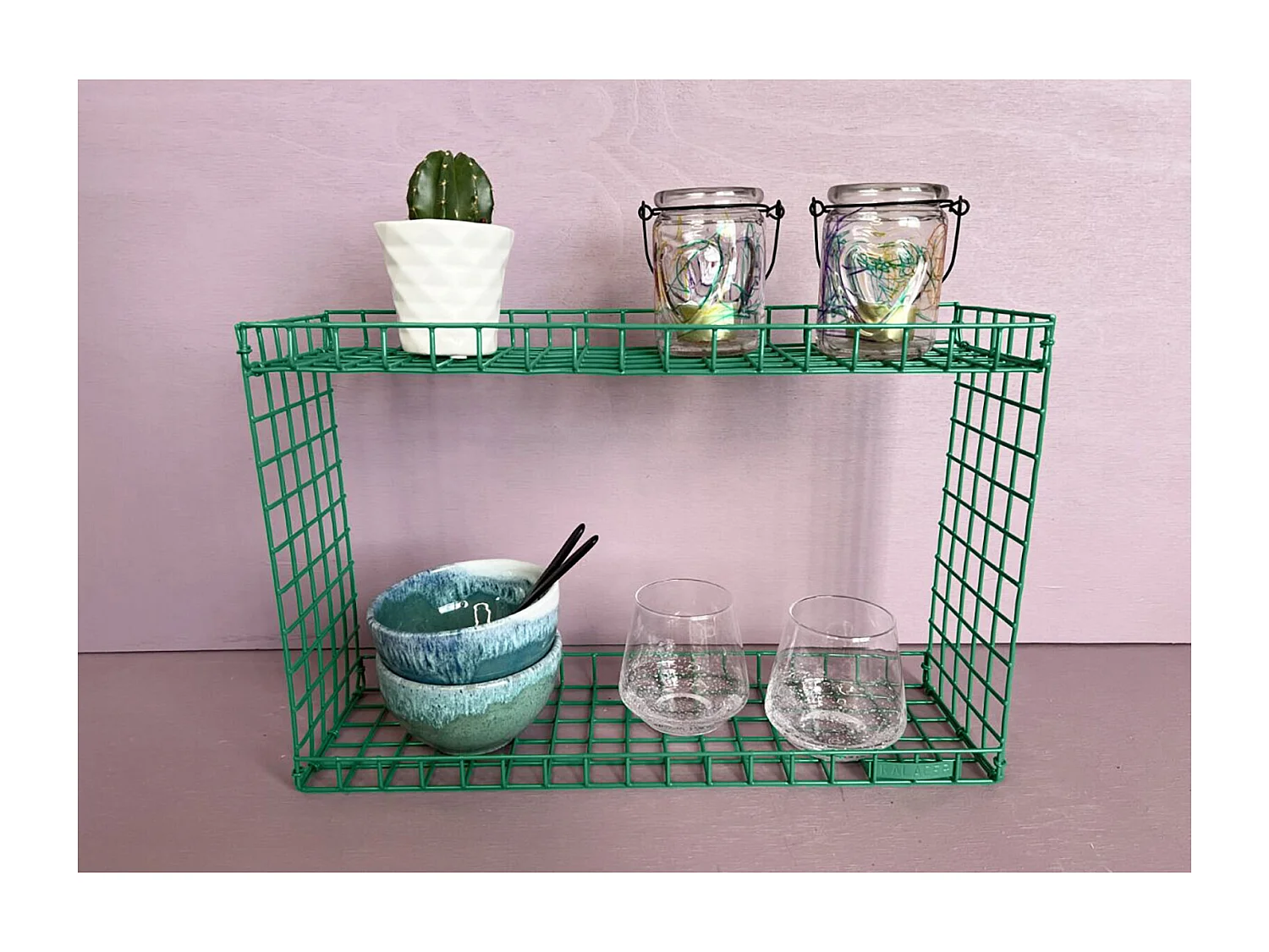 RACK | Wandplank met 2 planken in groen metaal, klein