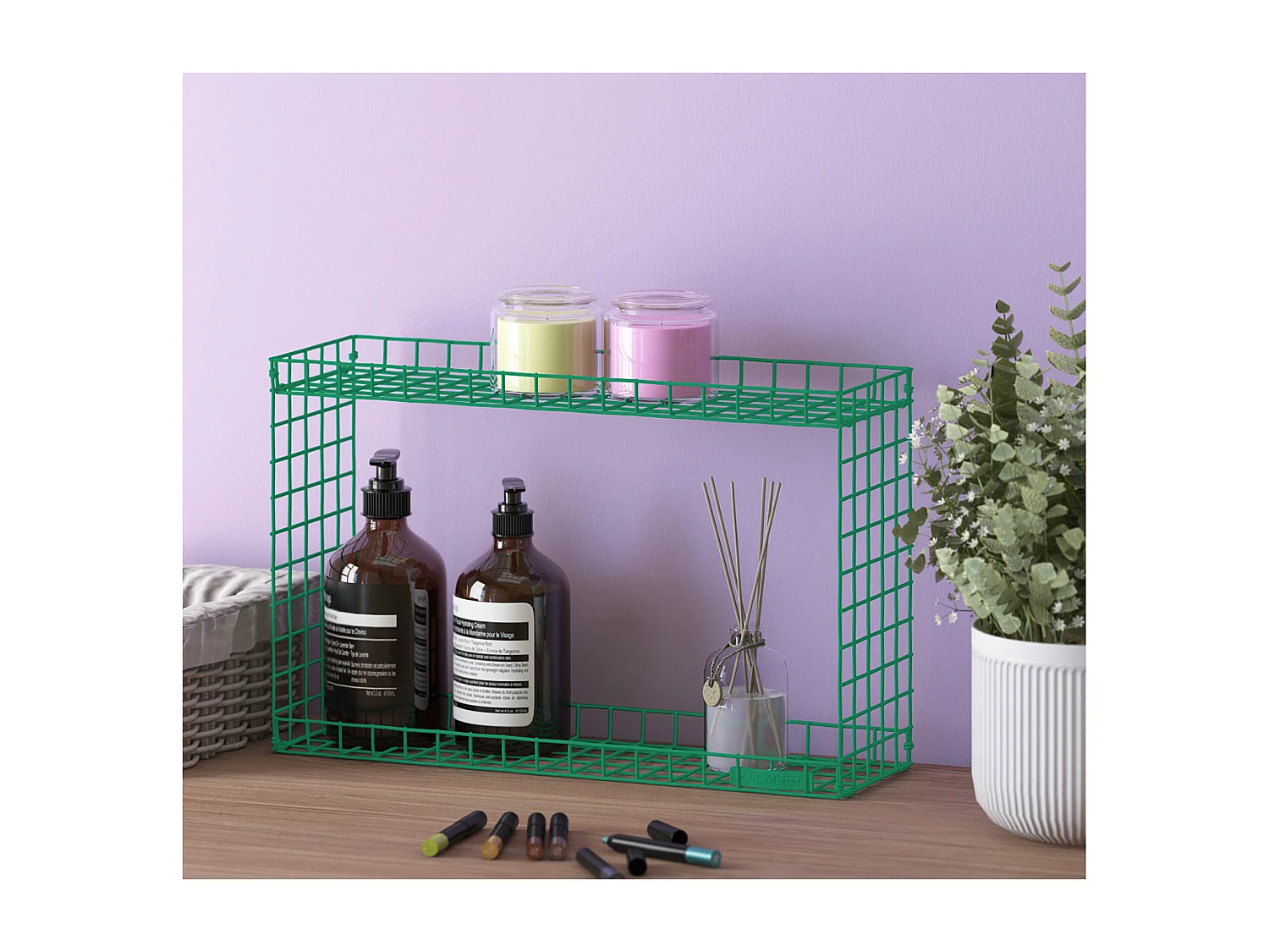 RACK | Wandplank met 2 planken in groen metaal, klein