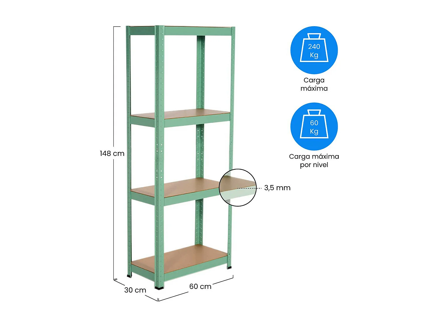 Scaffale Metallico con 4 Ripiani Regolabili 148x60x30cm 240 Kg Verde Thinia Home