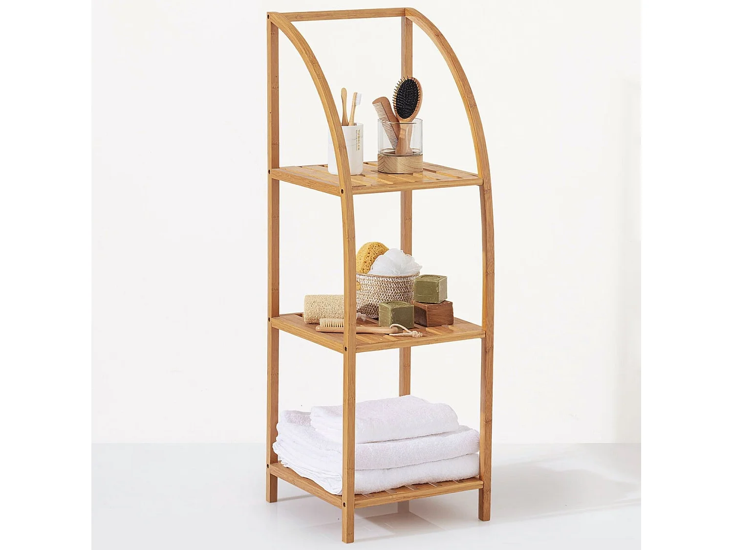 Mensola ad arco in bambù con 3 livelli 110,5x37x35 cm 7 case