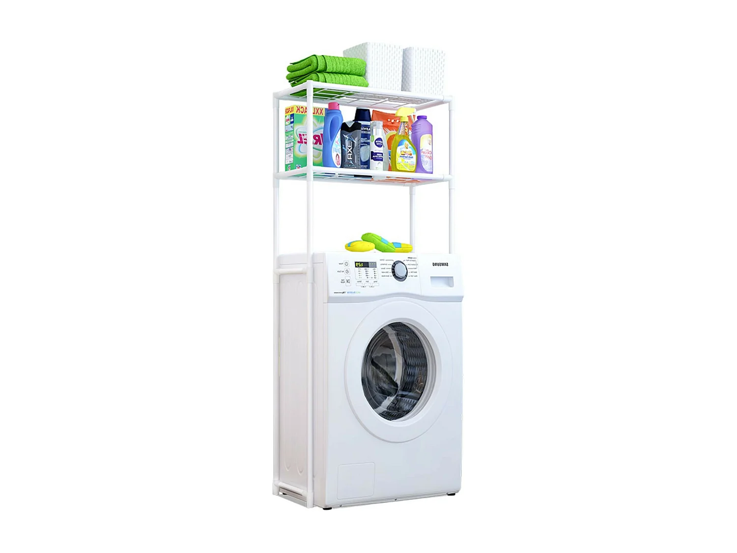 Mensola da Bagno in Metallo Bianco con 2 Ripiani Salva-Ostacoli 68x28x169cm 20Kg 7house