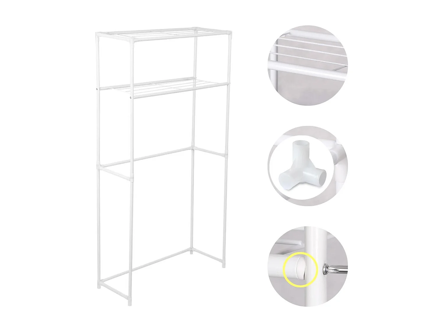 Mensola da Bagno in Metallo Bianco con 2 Ripiani Salva-Ostacoli 68x28x169cm 20Kg 7house