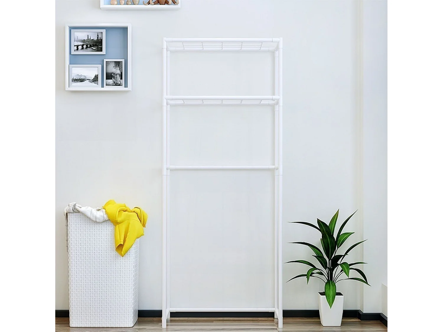 Mensola da Bagno in Metallo Bianco con 2 Ripiani Salva-Ostacoli 68x28x169cm 20Kg 7house