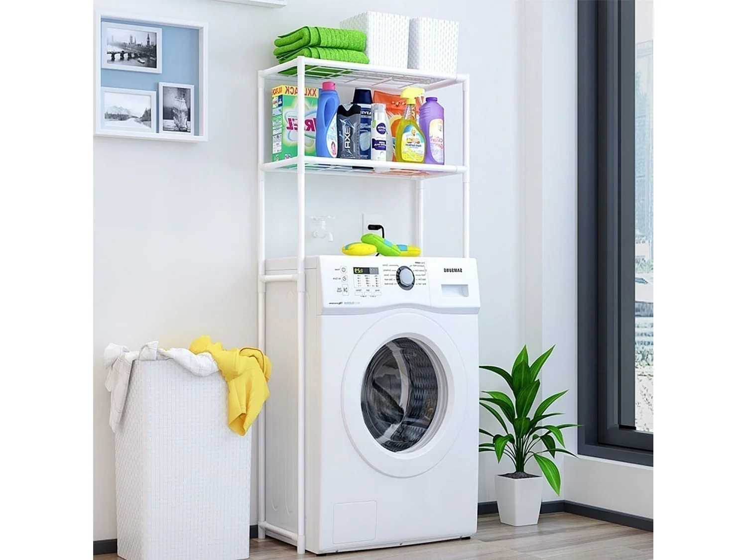 Mensola da Bagno in Metallo Bianco con 2 Ripiani Salva-Ostacoli 68x28x169cm 20Kg 7house