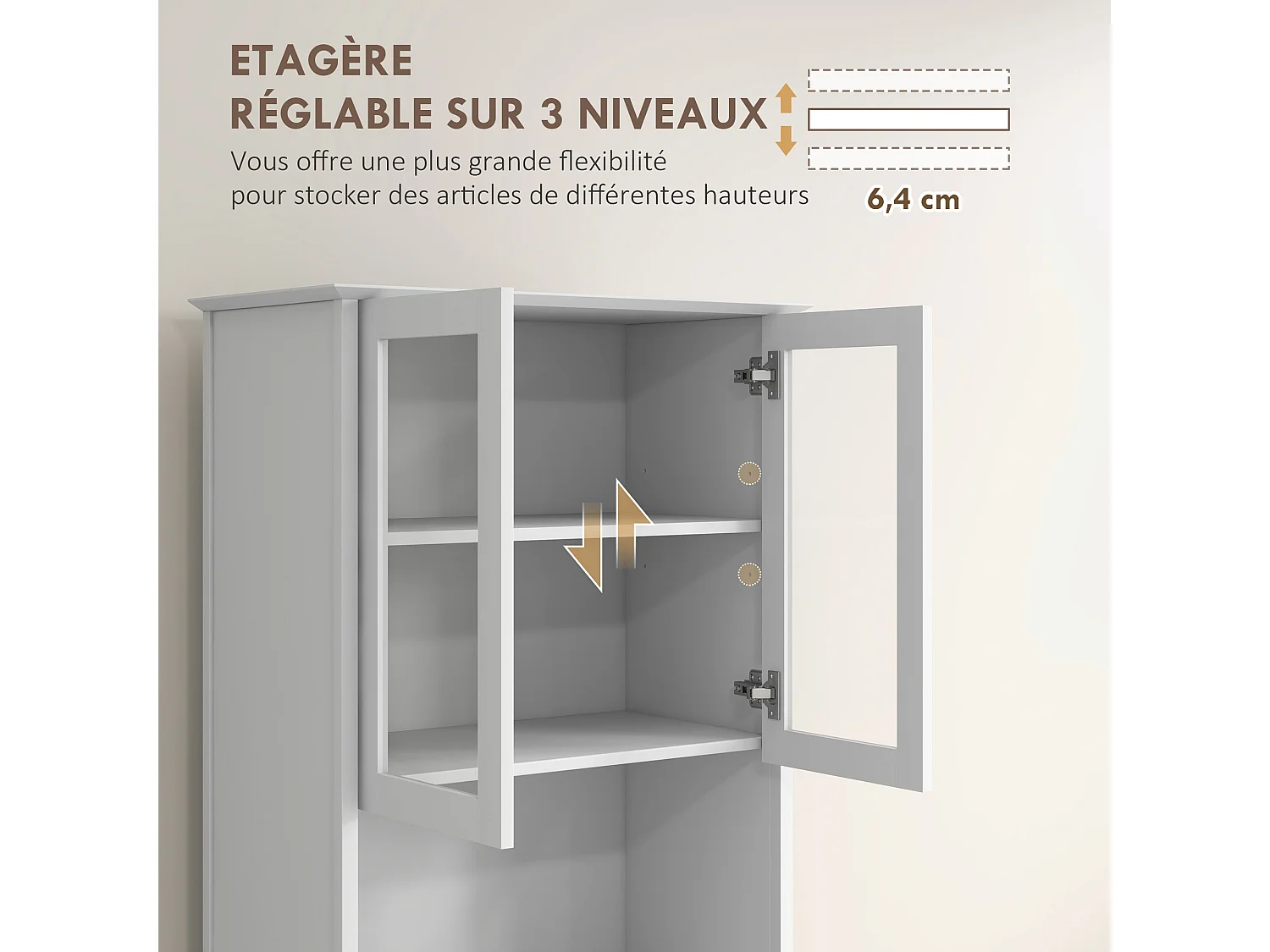 Buffet haut de cuisine 2 portes vitrées étagère niche 3 tiroirs dim. 68L x 38l x 172H cm MDF blanc
