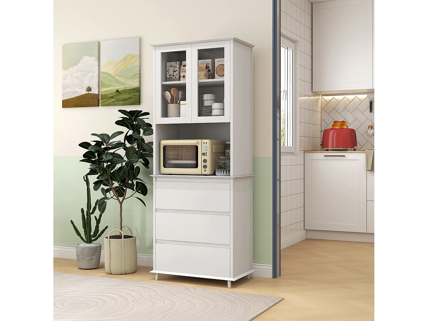 Buffet haut de cuisine 2 portes vitrées étagère niche 3 tiroirs dim. 68L x 38l x 172H cm MDF blanc