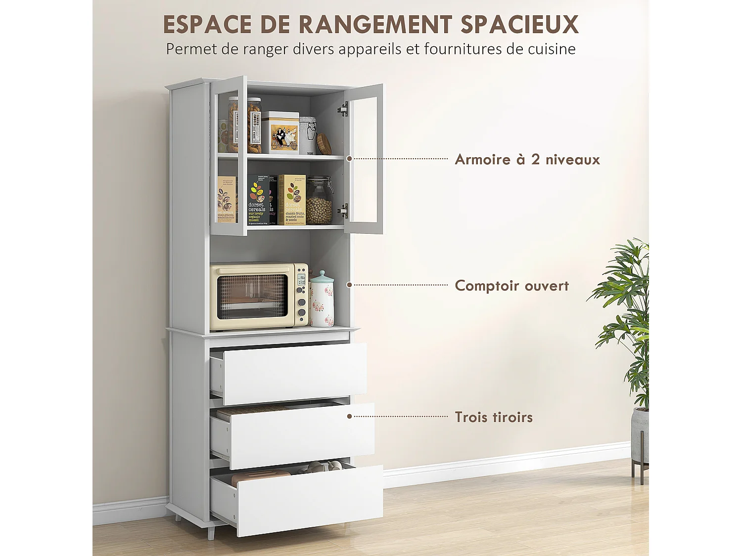 Buffet haut de cuisine 2 portes vitrées étagère niche 3 tiroirs dim. 68L x 38l x 172H cm MDF blanc