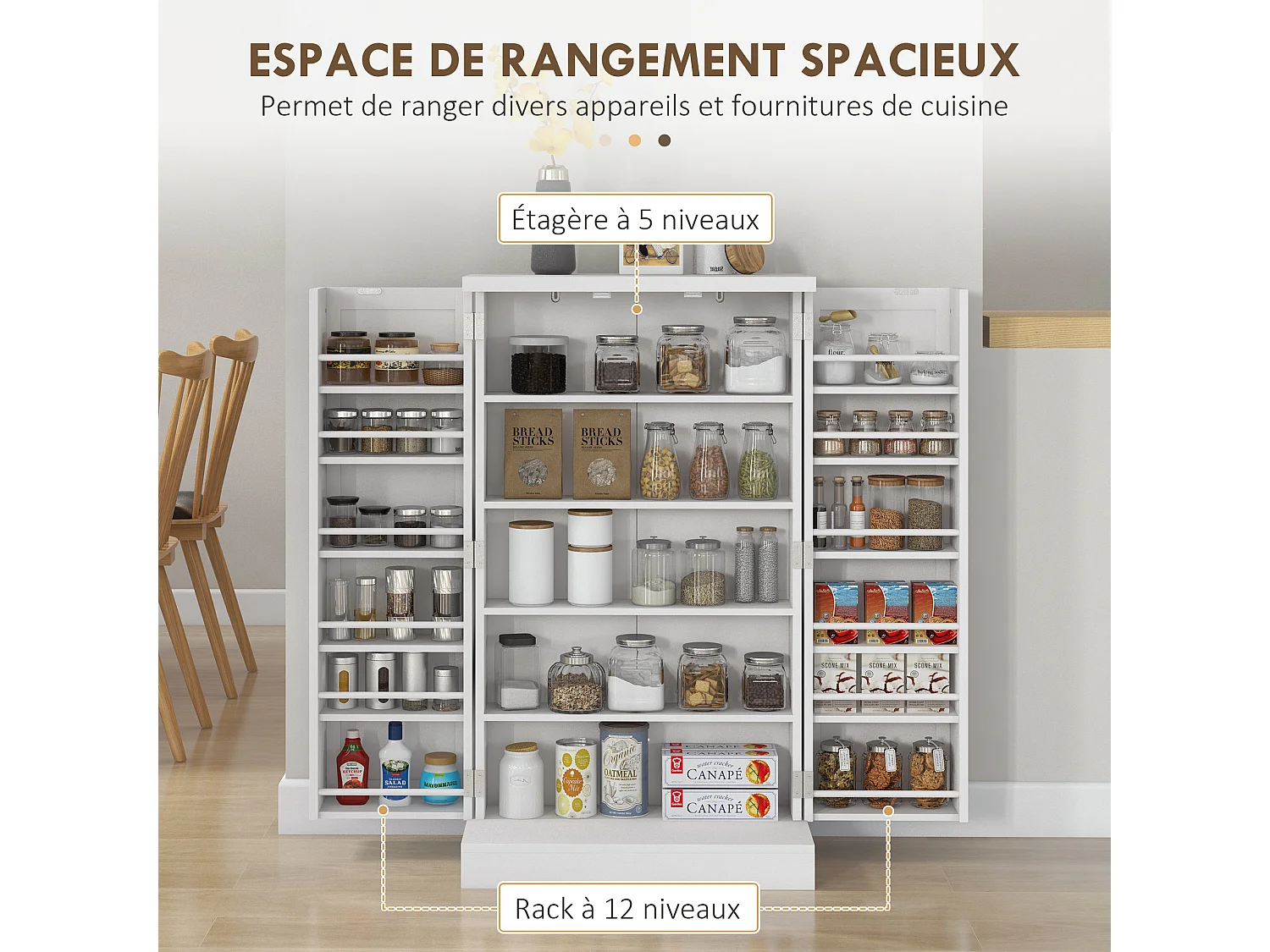 Armoire de cuisine 2 portes total 14 étagères - dim. 60L x 30l x 104H cm - MDF blanc