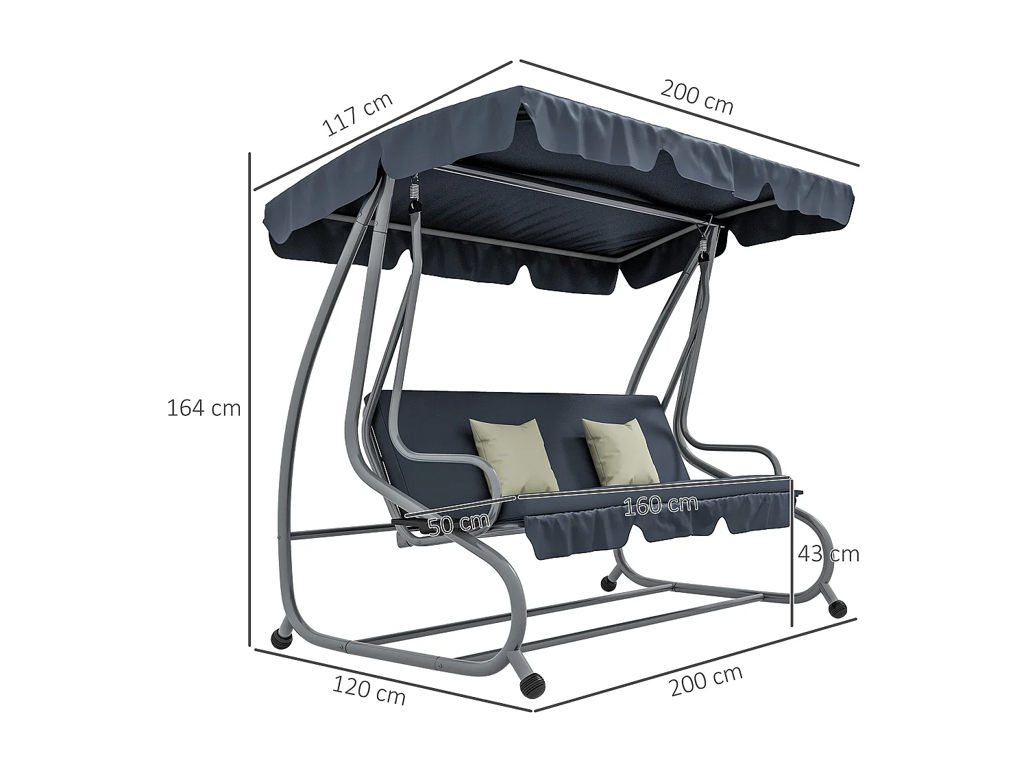 Balancelle de jardin 3 places convertible toit inclinaison réglable 2 tablettes support coussins acier polyester gris