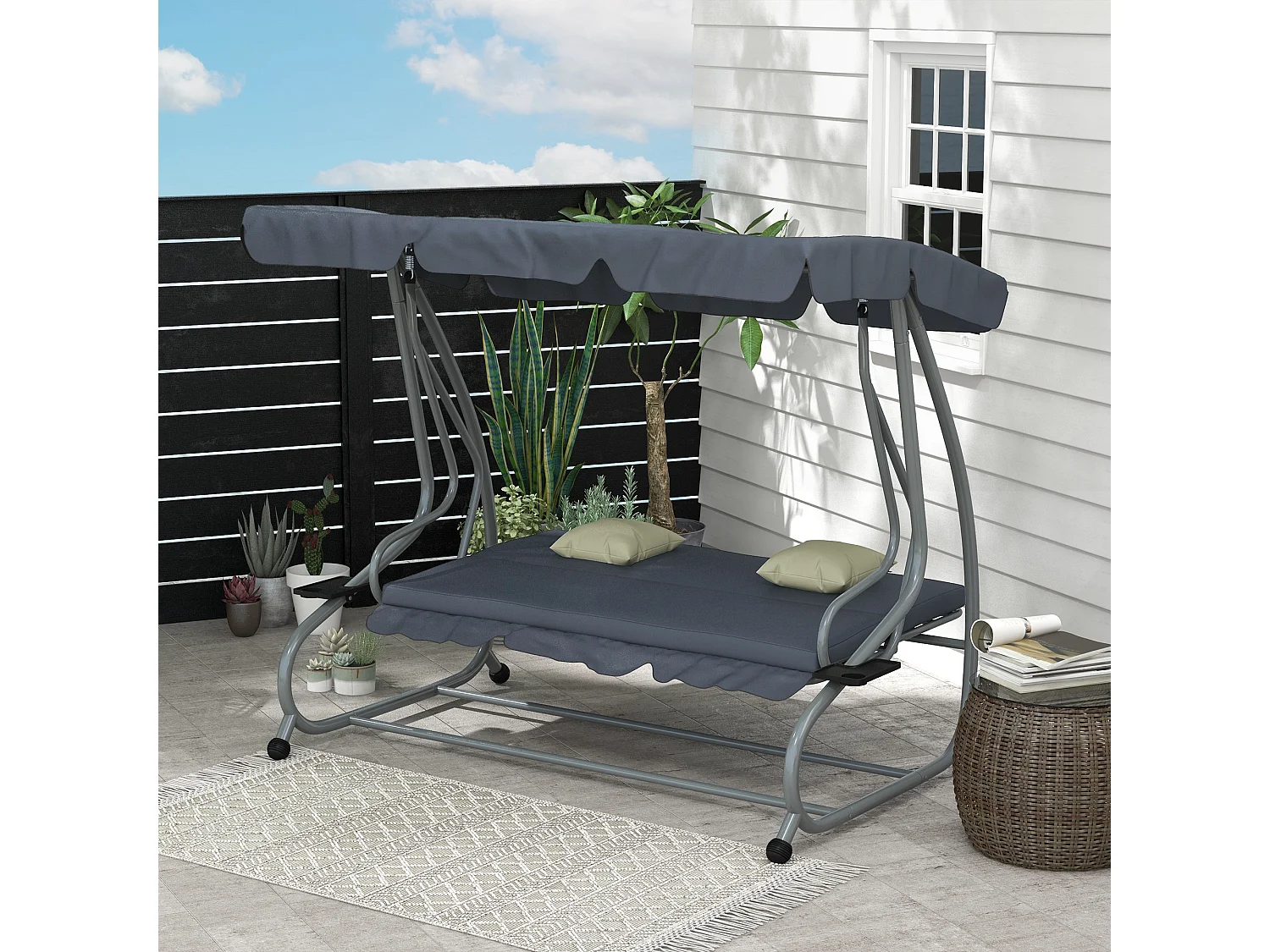 Balancelle de jardin 3 places convertible toit inclinaison réglable 2 tablettes support coussins acier polyester gris