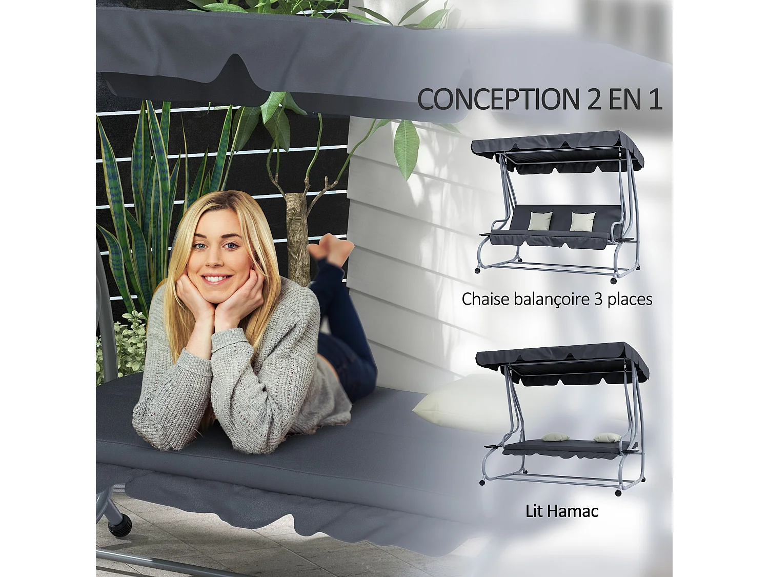 Balancelle de jardin 3 places convertible toit inclinaison réglable 2 tablettes support coussins acier polyester gris