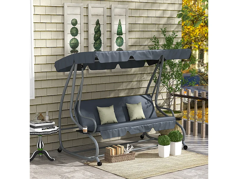 Balancelle de jardin 3 places convertible toit inclinaison réglable 2 tablettes support coussins acier polyester gris
