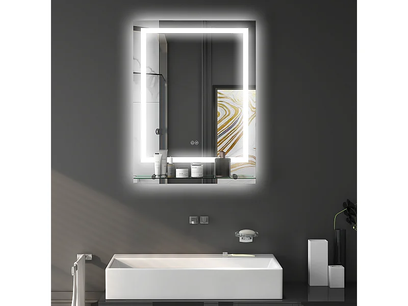 Miroir lumineux LED 29W antibué réglable interrupteur tactile étagère intégrée 50L x 14P x 70H cm