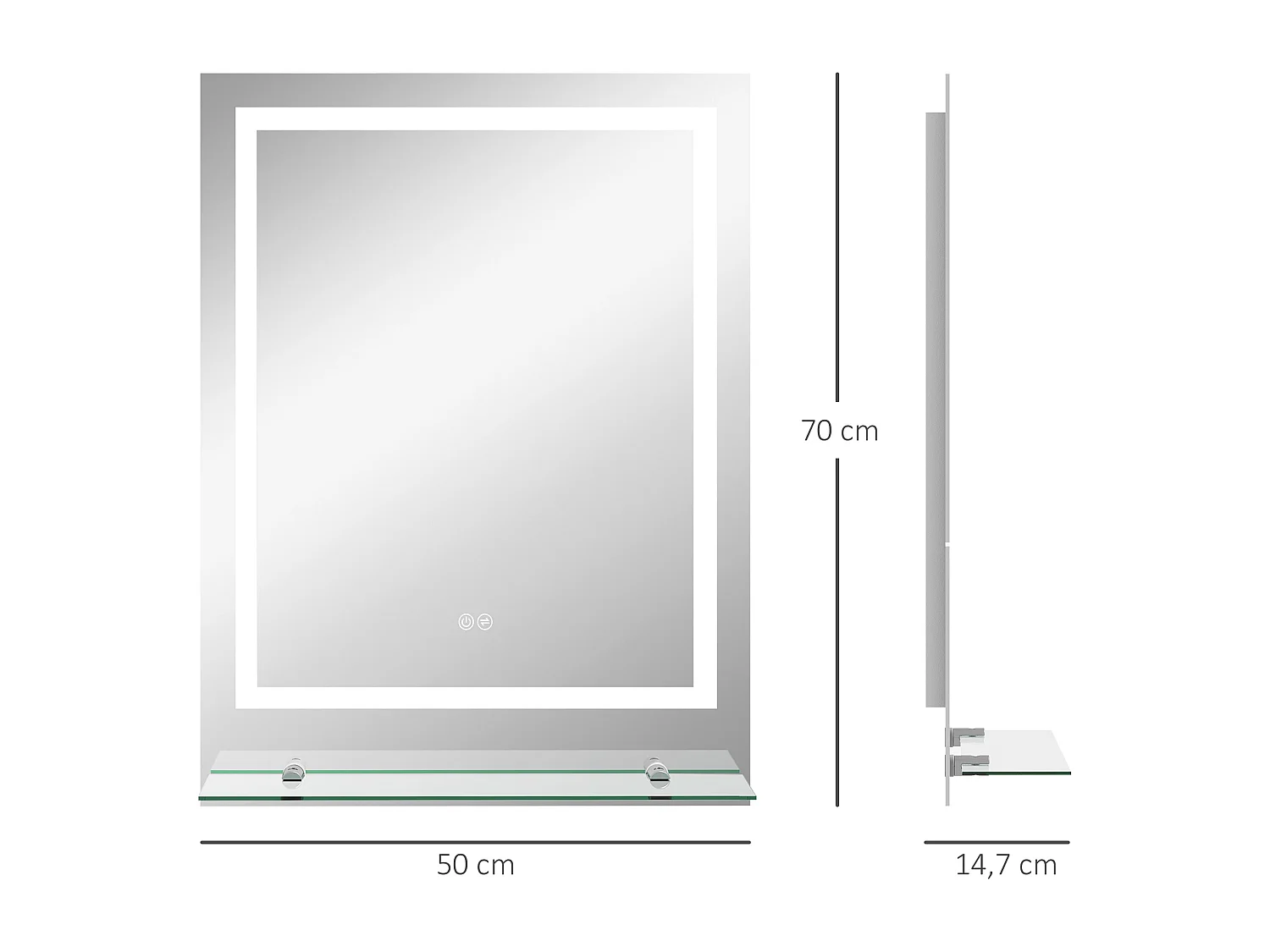 Miroir lumineux LED 29W antibué réglable interrupteur tactile étagère intégrée 50L x 14P x 70H cm