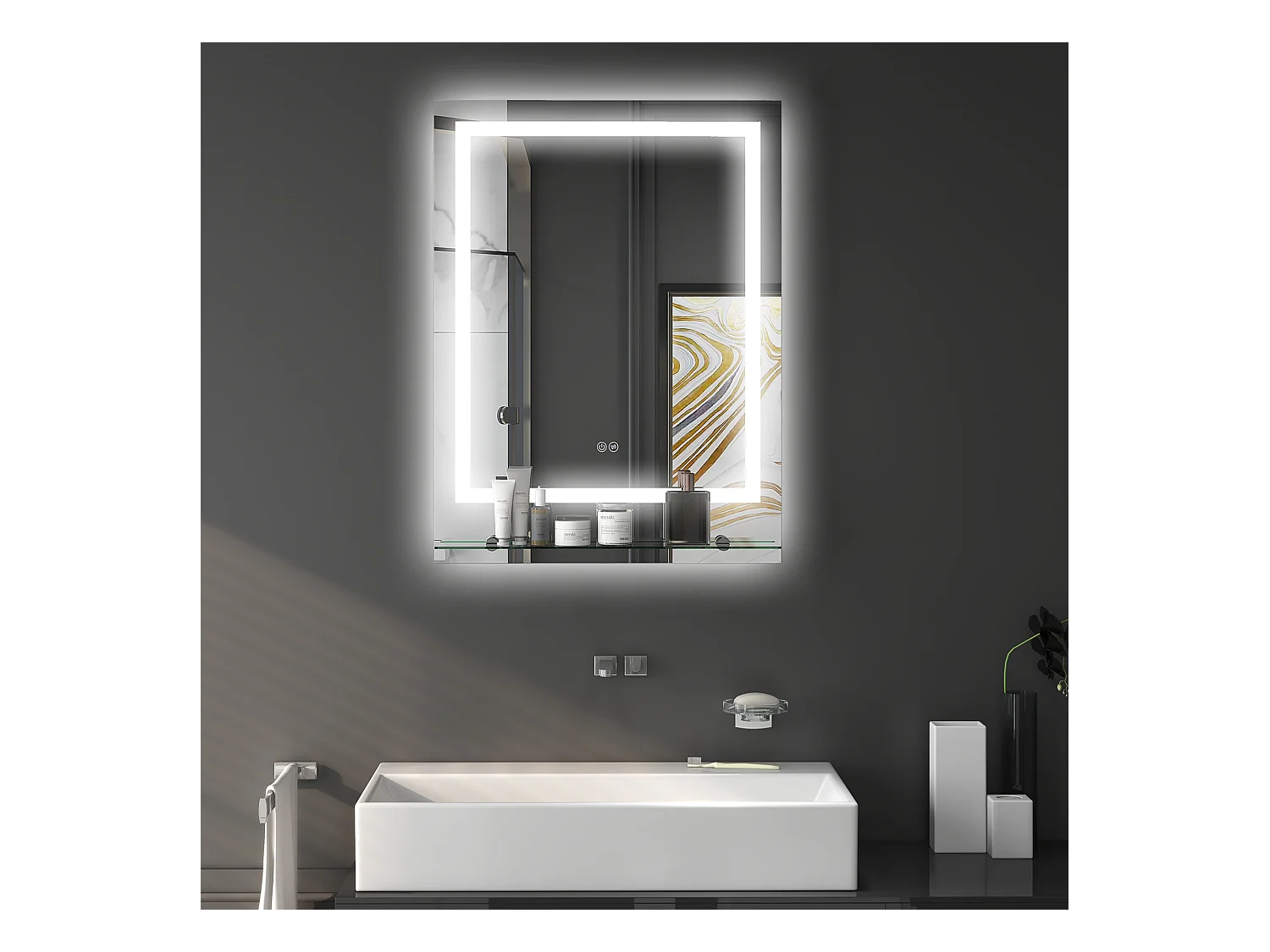 Miroir lumineux LED 29W antibué réglable interrupteur tactile étagère intégrée 50L x 14P x 70H cm