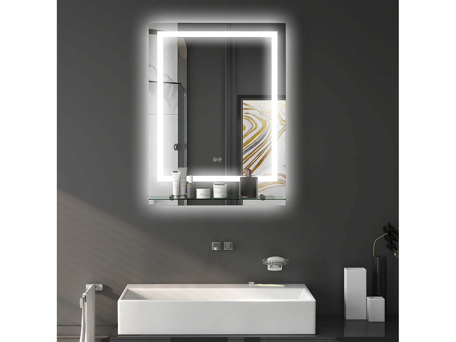 Miroir lumineux LED 29W antibué réglable interrupteur tactile étagère intégrée 50L x 14P x 70H cm