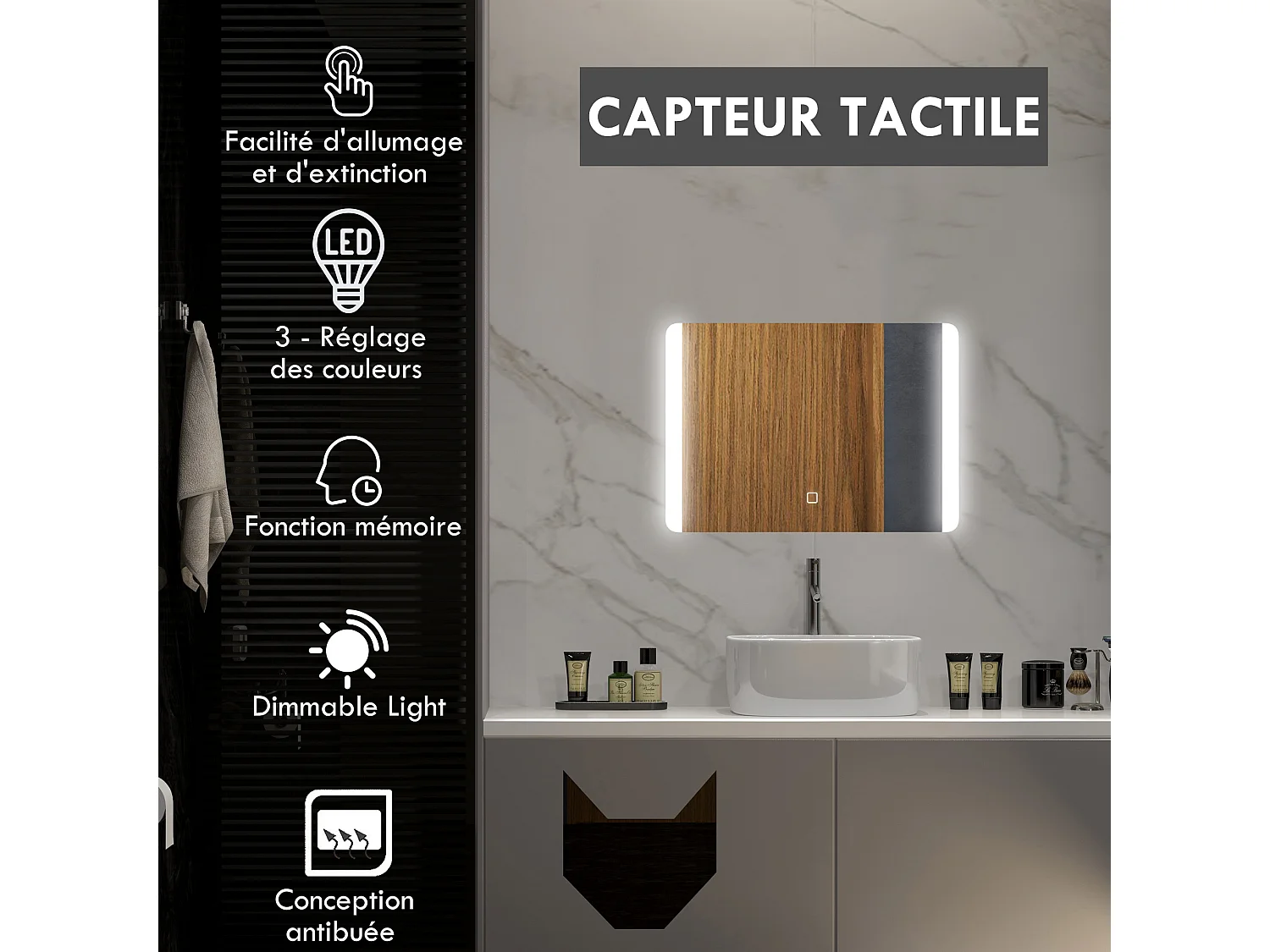 Miroir lumineux LED 24W antibué réglable interrupteur tactile dim. 50L x 4P x 70H cm
