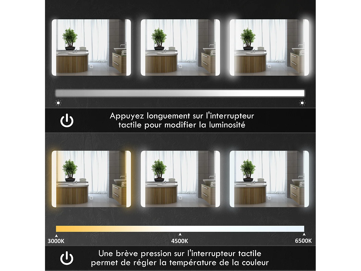 Miroir lumineux LED 24W antibué réglable interrupteur tactile dim. 50L x 4P x 70H cm