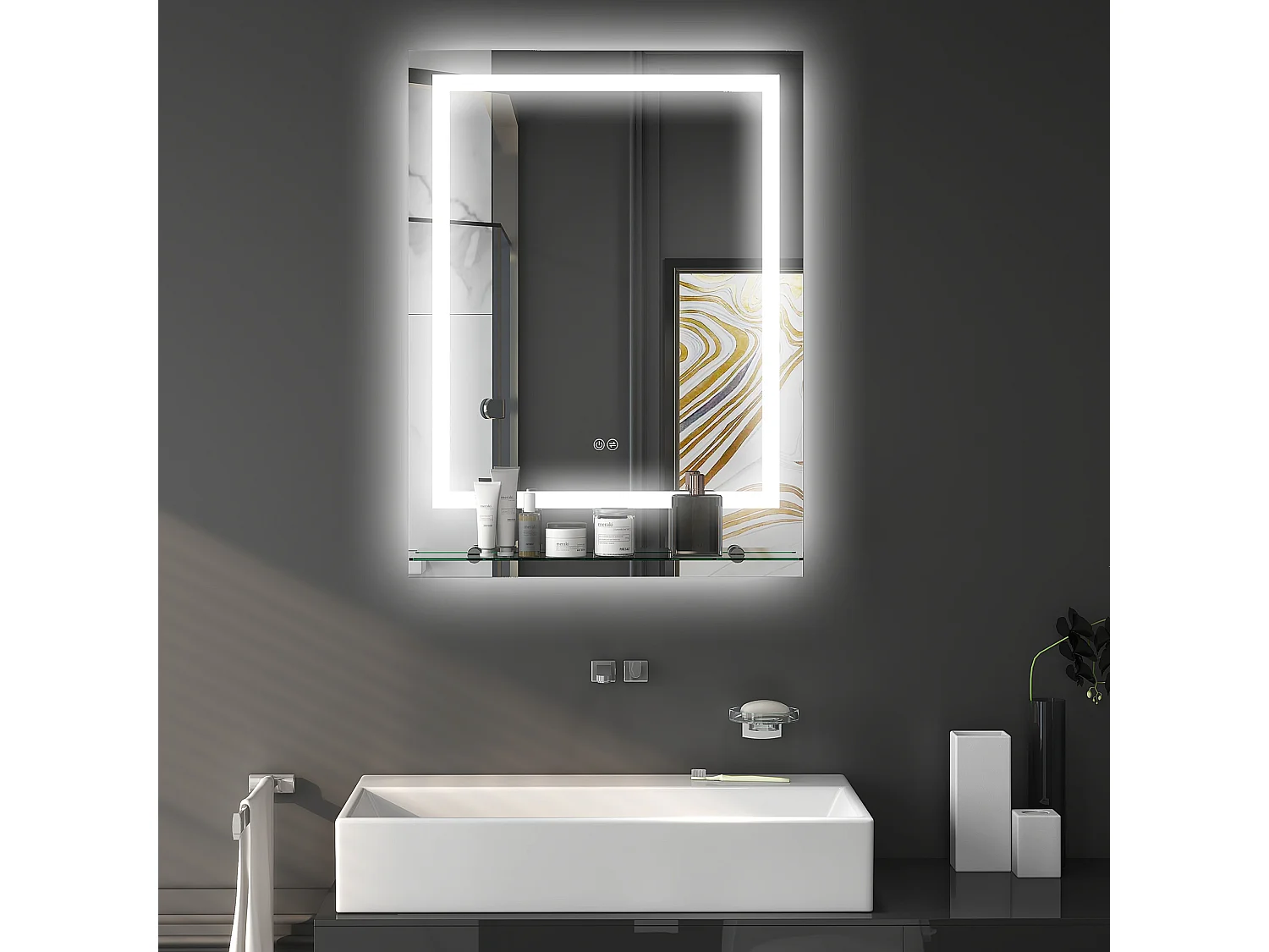 Miroir lumineux LED 43W antibué réglable interrupteur tactile étagère intégrée 60L x 14P x 80H cm