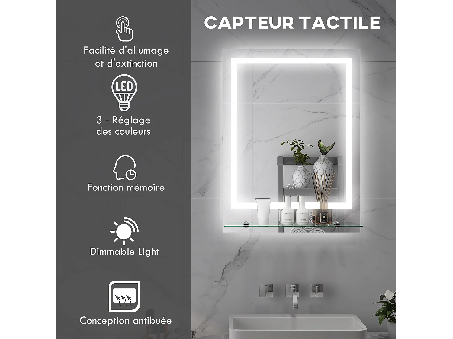 Miroir lumineux LED 43W antibué réglable interrupteur tactile étagère intégrée 60L x 14P x 80H cm