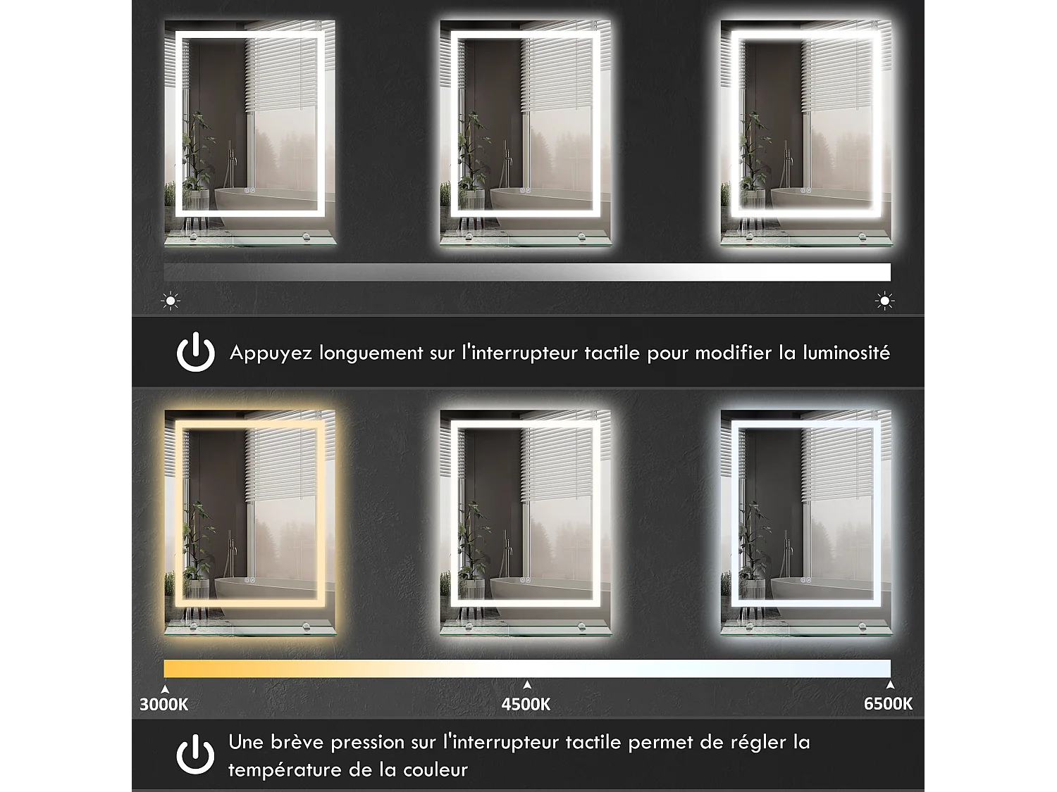 Miroir lumineux LED 43W antibué réglable interrupteur tactile étagère intégrée 60L x 14P x 80H cm