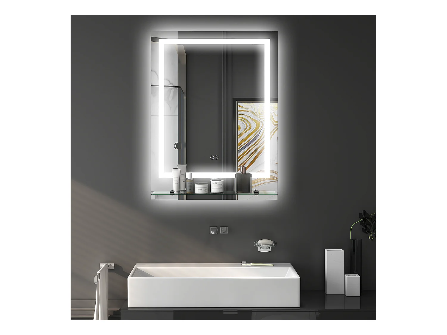 Miroir lumineux LED 43W antibué réglable interrupteur tactile étagère intégrée 60L x 14P x 80H cm