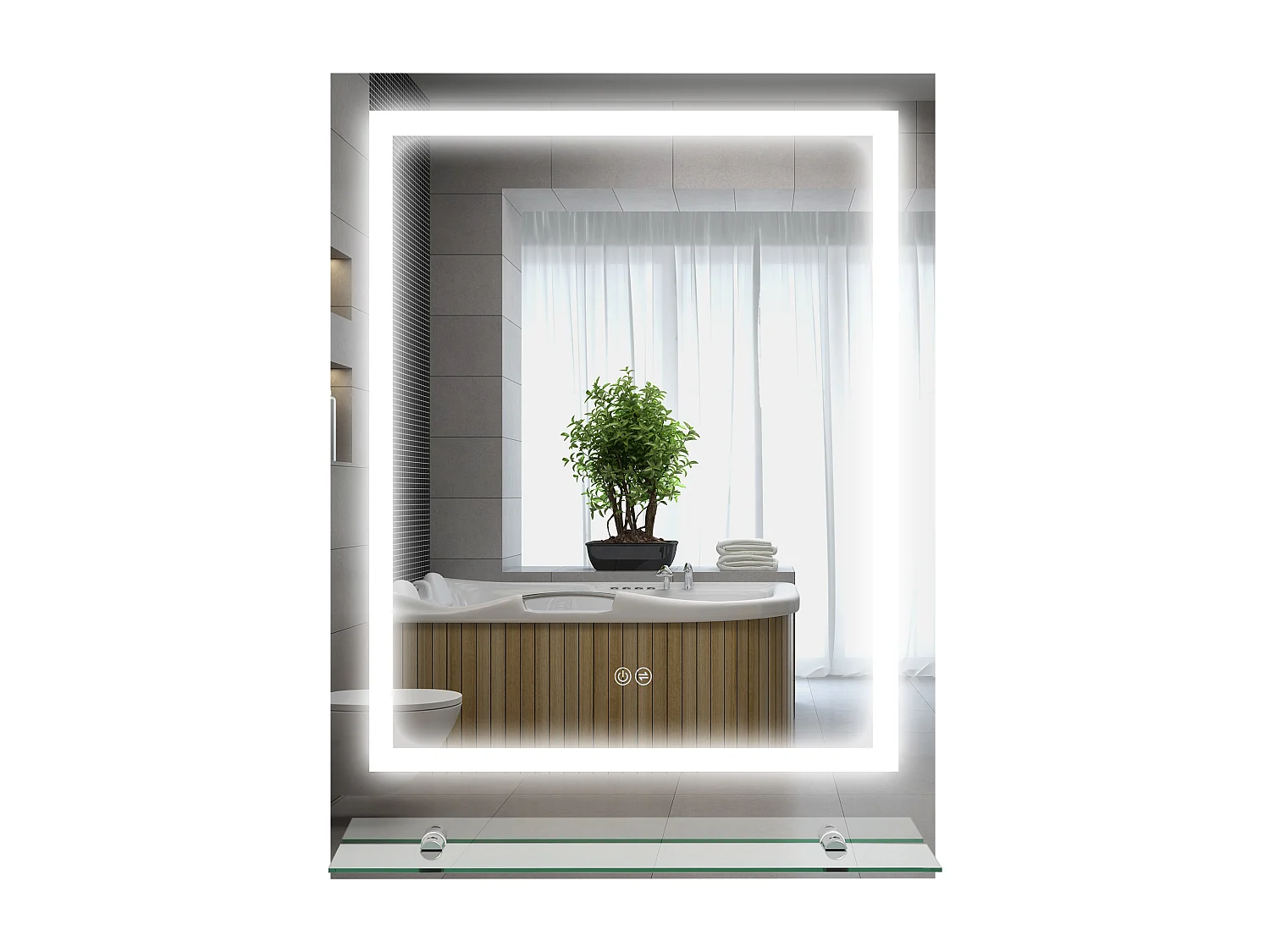 Miroir lumineux LED 43W antibué réglable interrupteur tactile étagère intégrée 60L x 14P x 80H cm