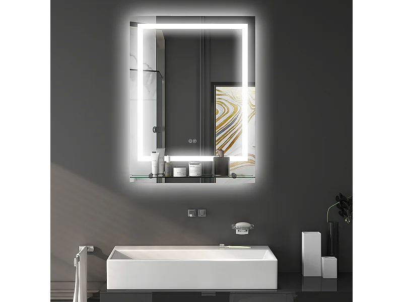 Miroir lumineux LED 43W antibué réglable interrupteur tactile étagère intégrée 60L x 14P x 80H cm