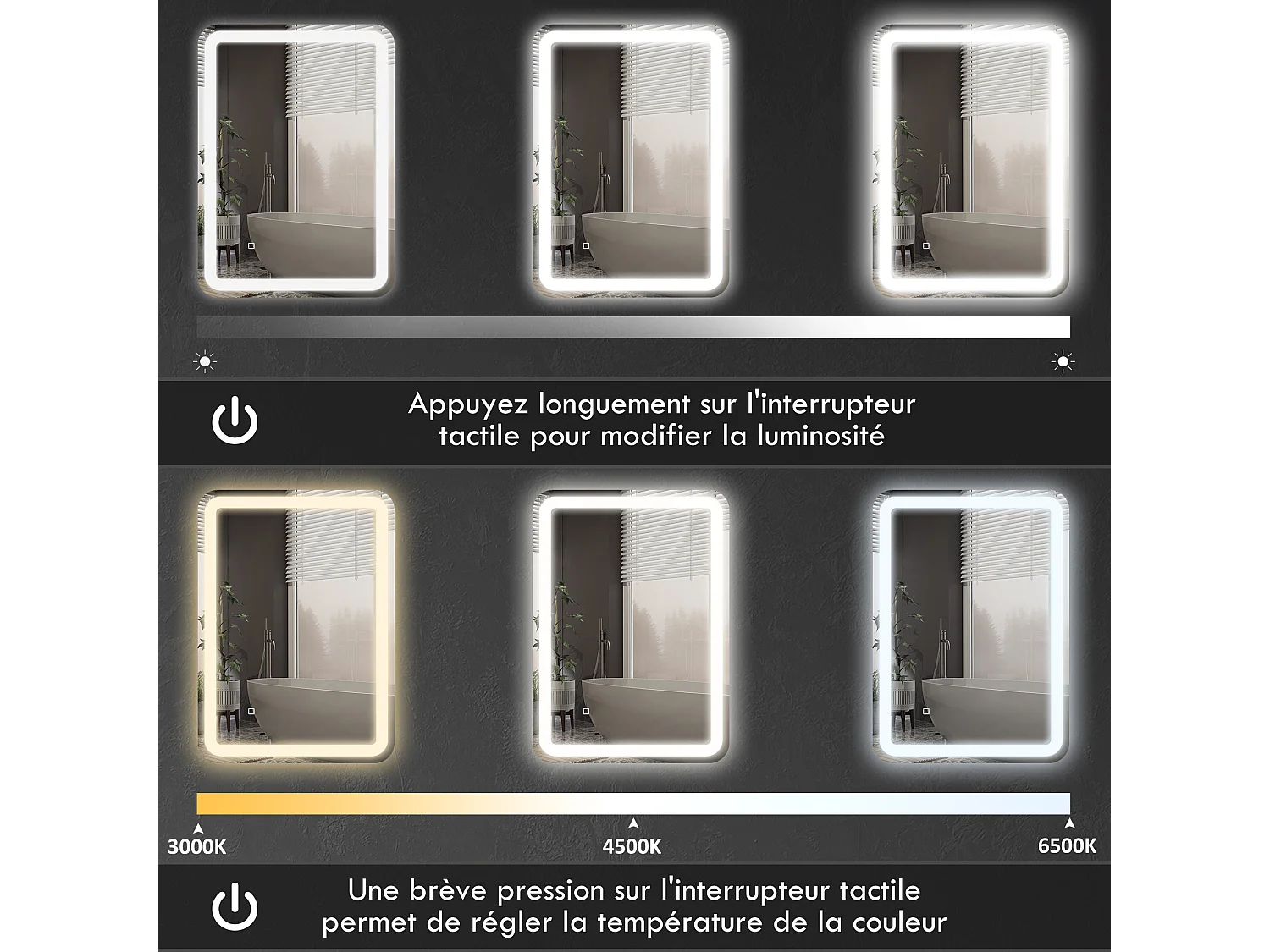 Miroir lumineux LED 35W antibué réglable interrupteur tactile dim. 50L x 4P x 70H cm