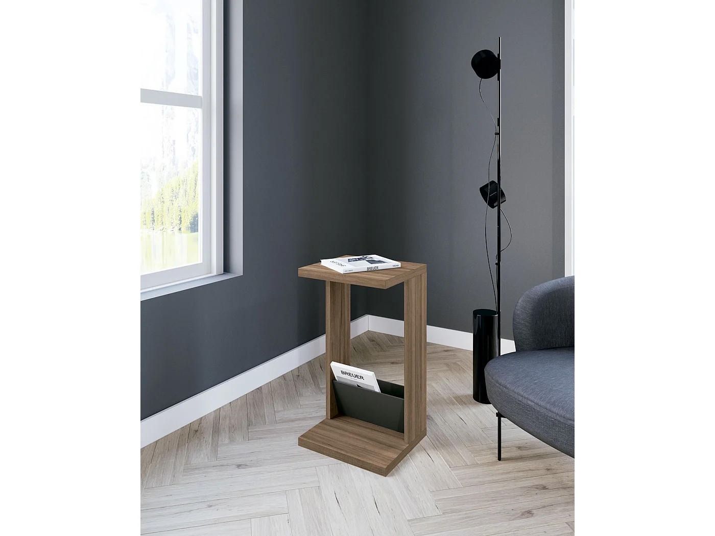 Mesa auxiliar - A70cm x L40cm x P35cm nogal y gris grafito -Trébol