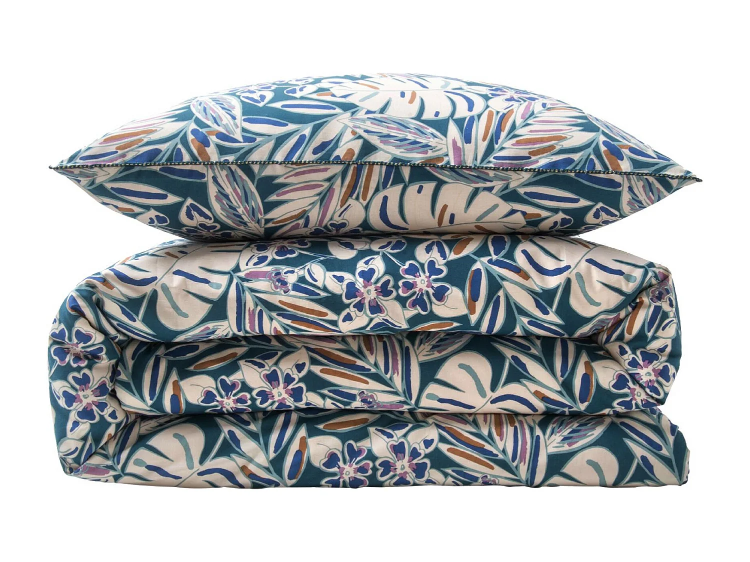 Parure de lit réversible 240x220cm imprimé feuillage bleu et blanc en coton
