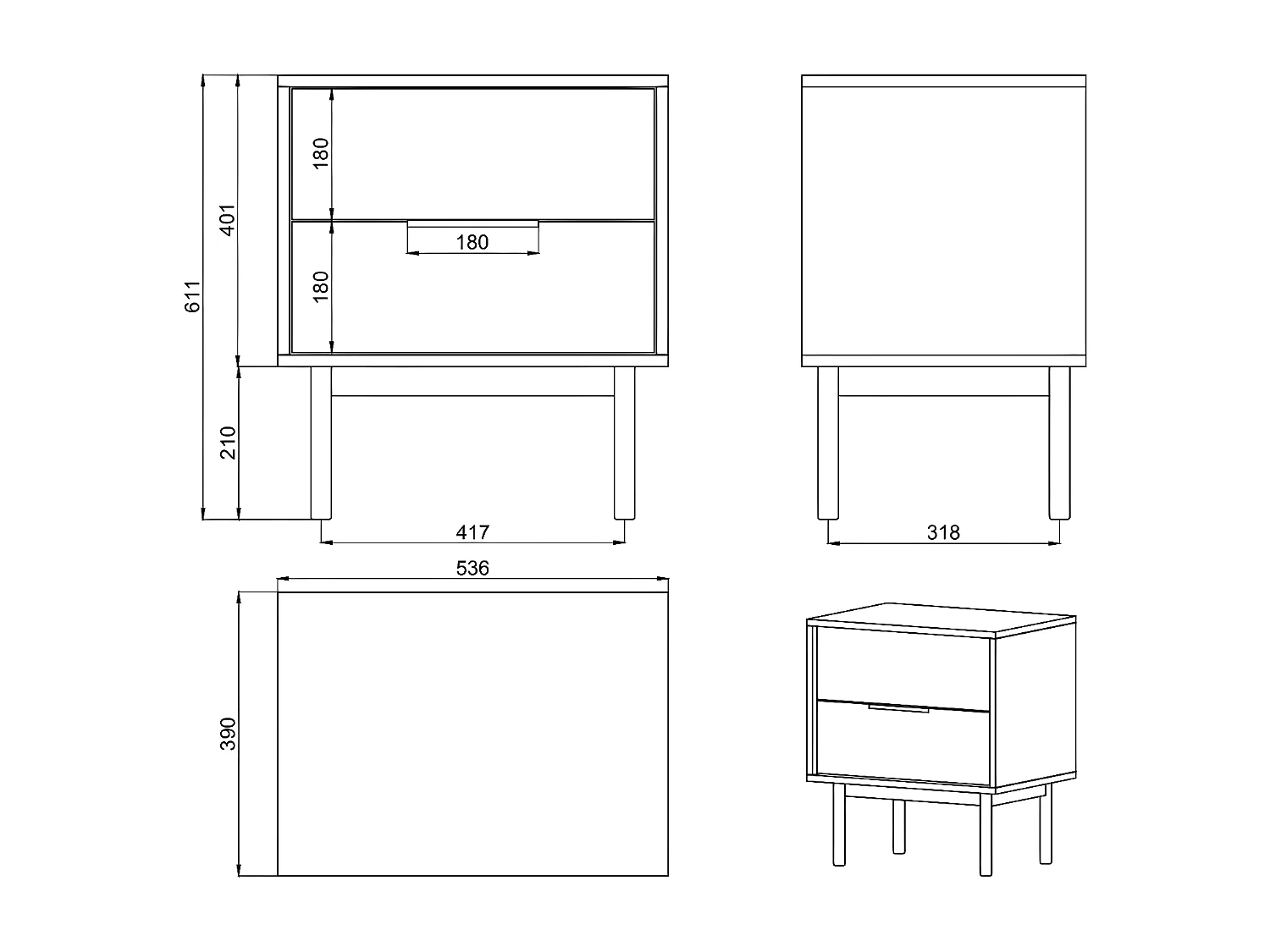 Table de chevet - 54 cm - avec deux tiroirs - taupe (gris-beige) - VIVIARO