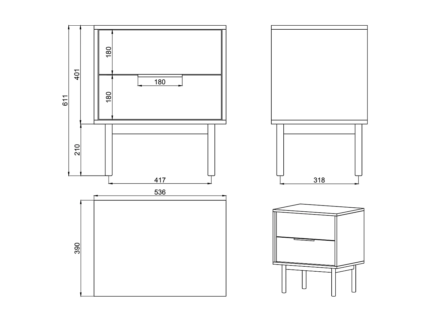 Nachttisch - 54 cm - mit zwei Schubladen - Taupe (Grau-Beige) - VIVIARO
