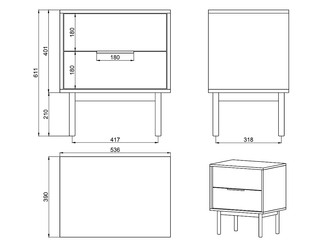 Table de chevet - 54 cm - avec deux tiroirs - taupe (gris-beige) - VIVIARO