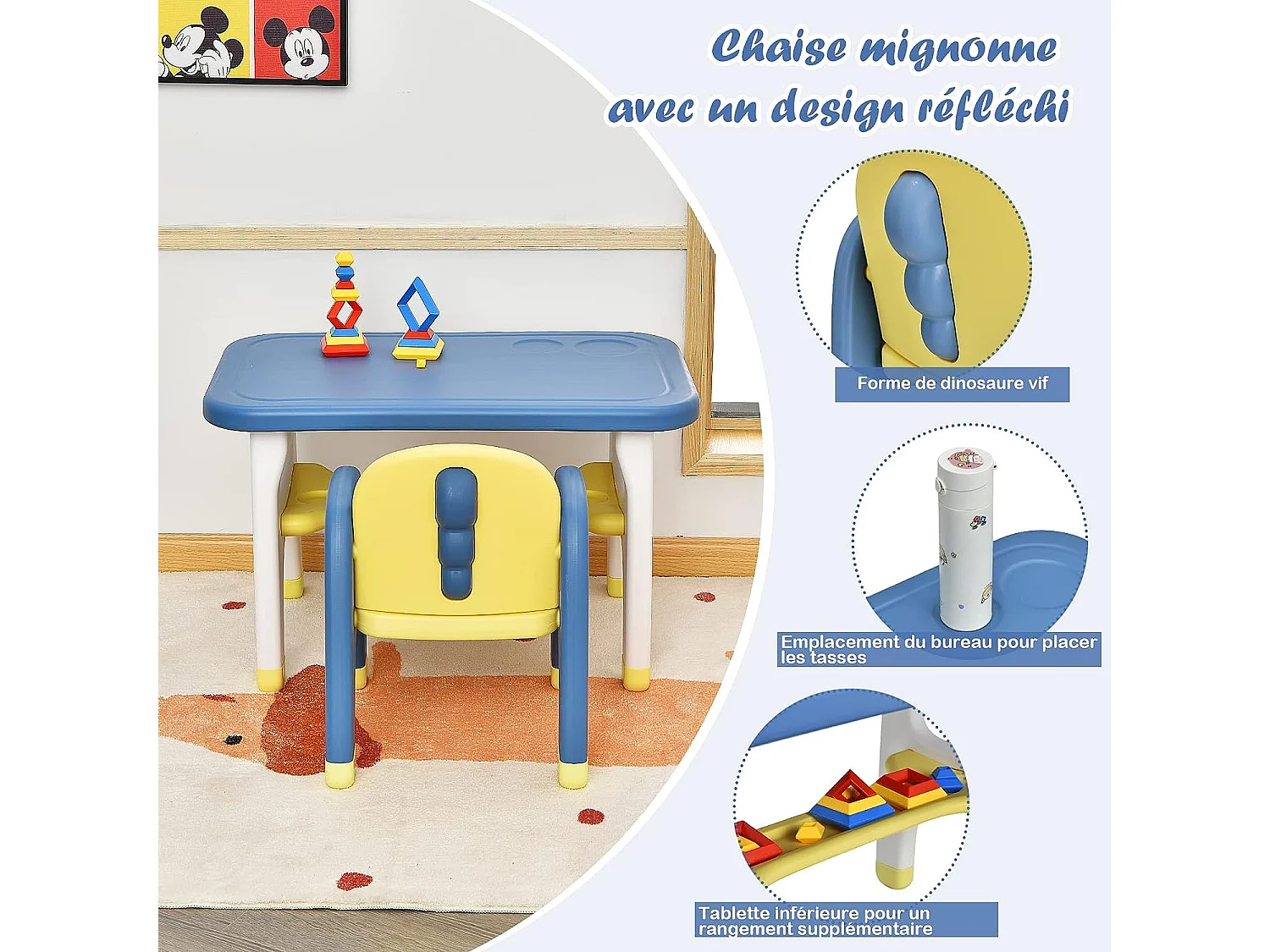 Ensemble table et chaise pour enfants avec décor dinosaure jeux de construction plateau de rangement plastique
