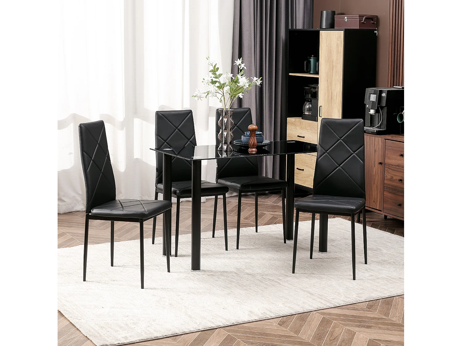 Table de salle à manger avec 4 chaises design contemporain Chesterfield acier plateau verre trempé PVC effet capitonné noir