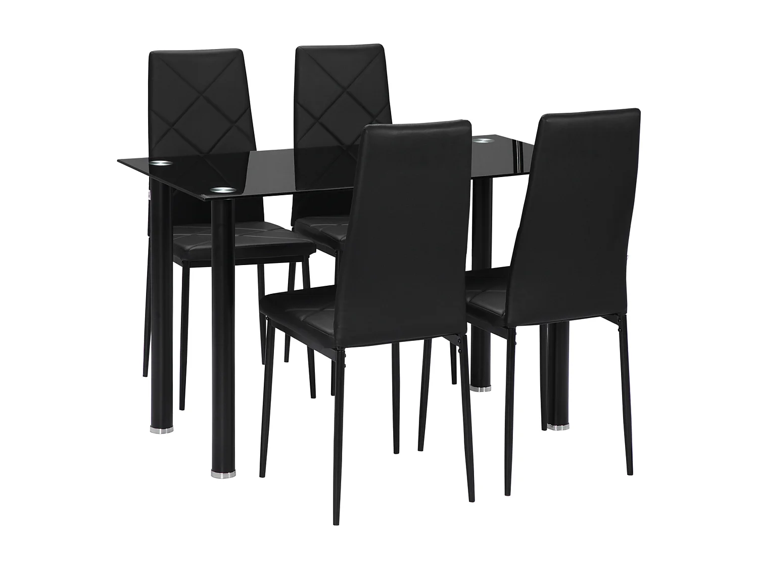 Table de salle à manger avec 4 chaises design contemporain Chesterfield acier plateau verre trempé PVC effet capitonné noir