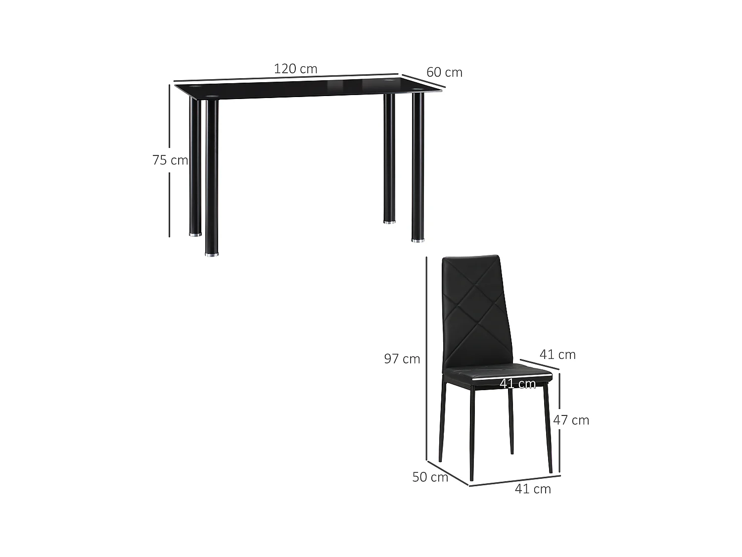 Table de salle à manger avec 4 chaises design contemporain Chesterfield acier plateau verre trempé PVC effet capitonné noir