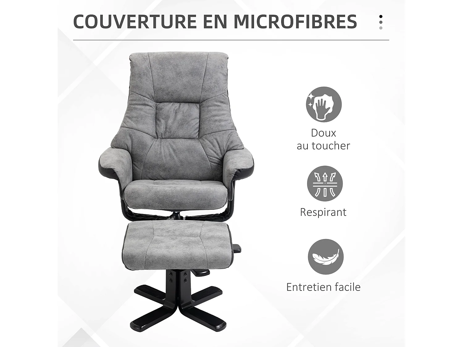 Fauteuil relax style contemporain - dossier inclinable, repose-pied - piètement bois peuplier noir tissu technique gris