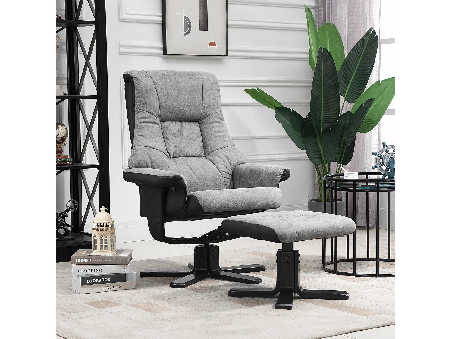 Fauteuil relax style contemporain - dossier inclinable, repose-pied - piètement bois peuplier noir tissu technique gris