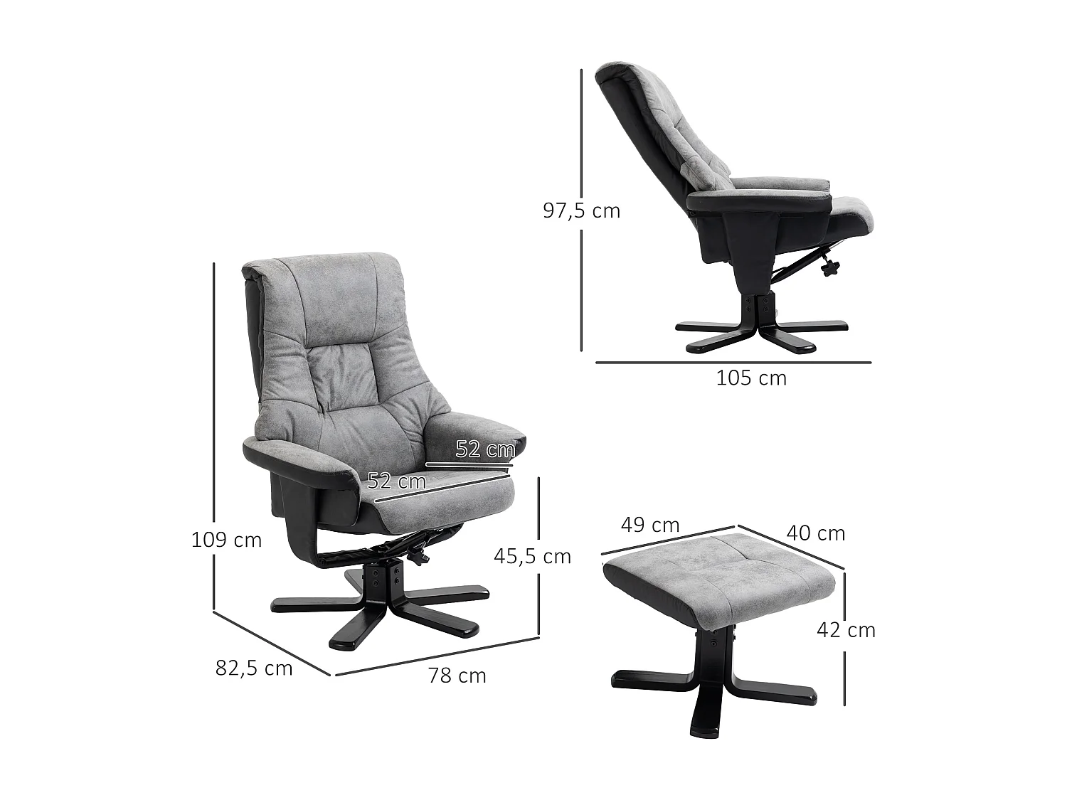 Fauteuil relax style contemporain - dossier inclinable, repose-pied - piètement bois peuplier noir tissu technique gris