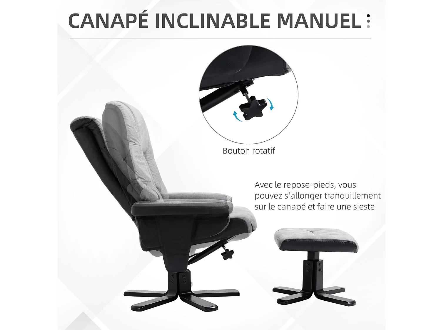 Fauteuil relax style contemporain - dossier inclinable, repose-pied - piètement bois peuplier noir tissu technique gris