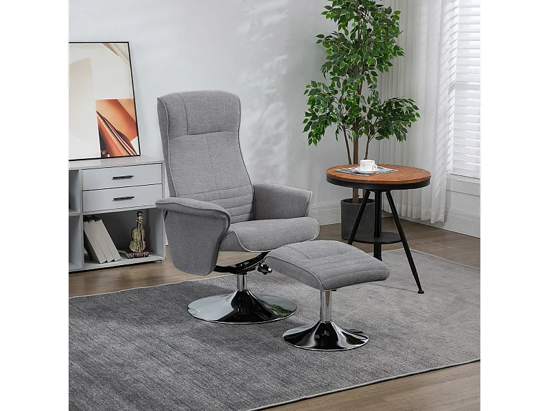 Fauteuil relax style contemporain - pivotant, dossier inclinable, repose-pied - piètement acier chromé tissu gris