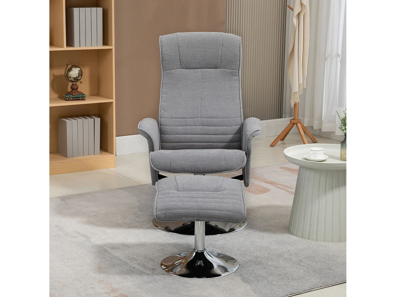 Fauteuil relax style contemporain - pivotant, dossier inclinable, repose-pied - piètement acier chromé tissu gris