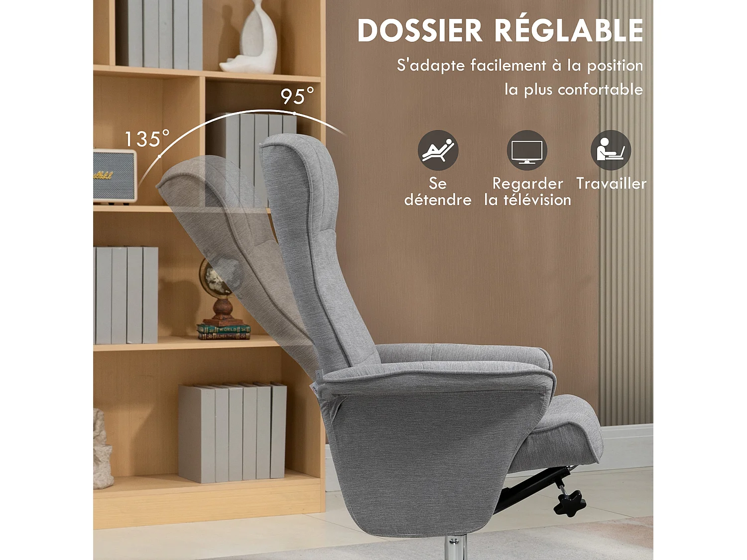 Fauteuil relax style contemporain - pivotant, dossier inclinable, repose-pied - piètement acier chromé tissu gris