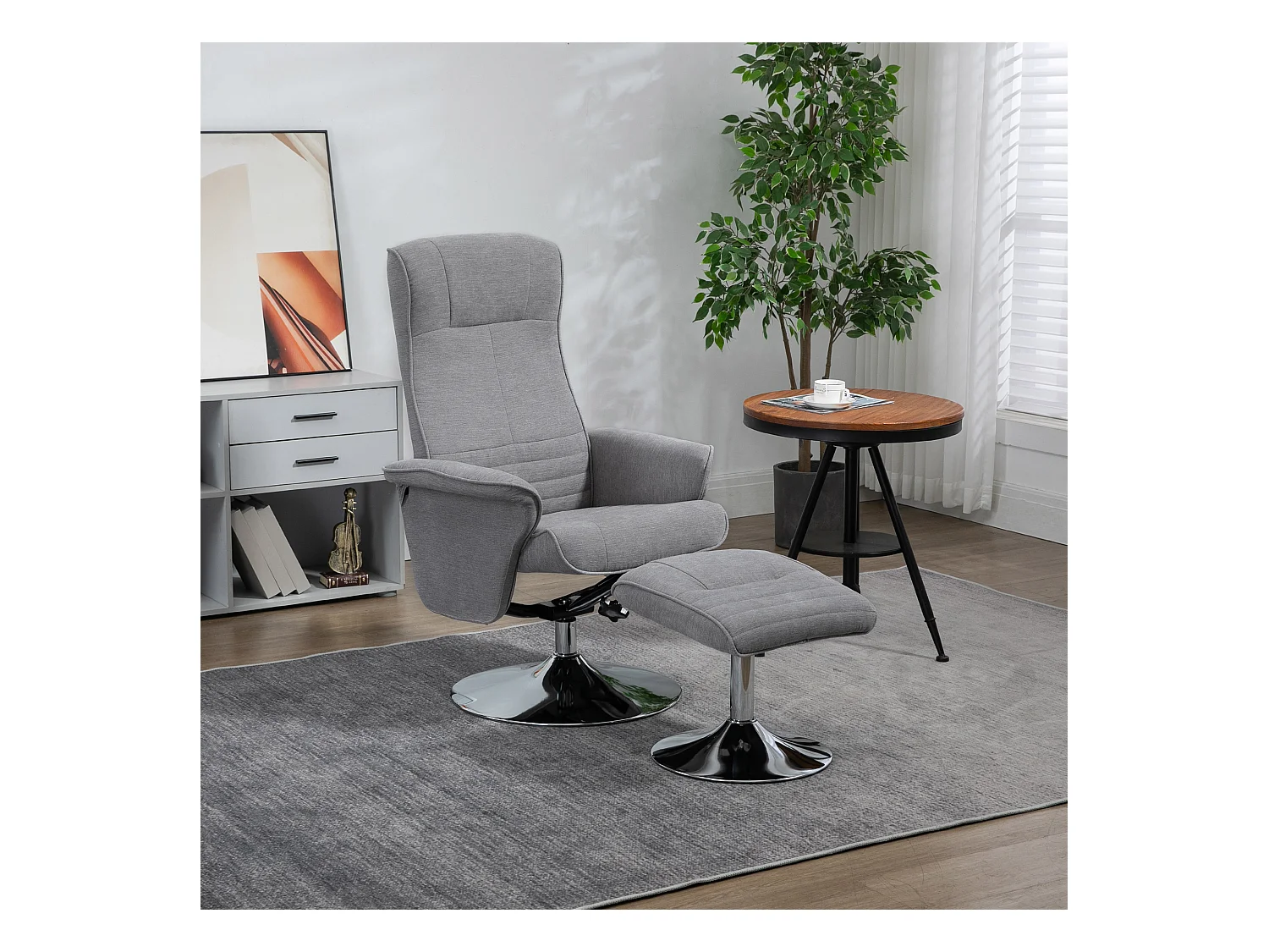 Fauteuil relax style contemporain - pivotant, dossier inclinable, repose-pied - piètement acier chromé tissu gris