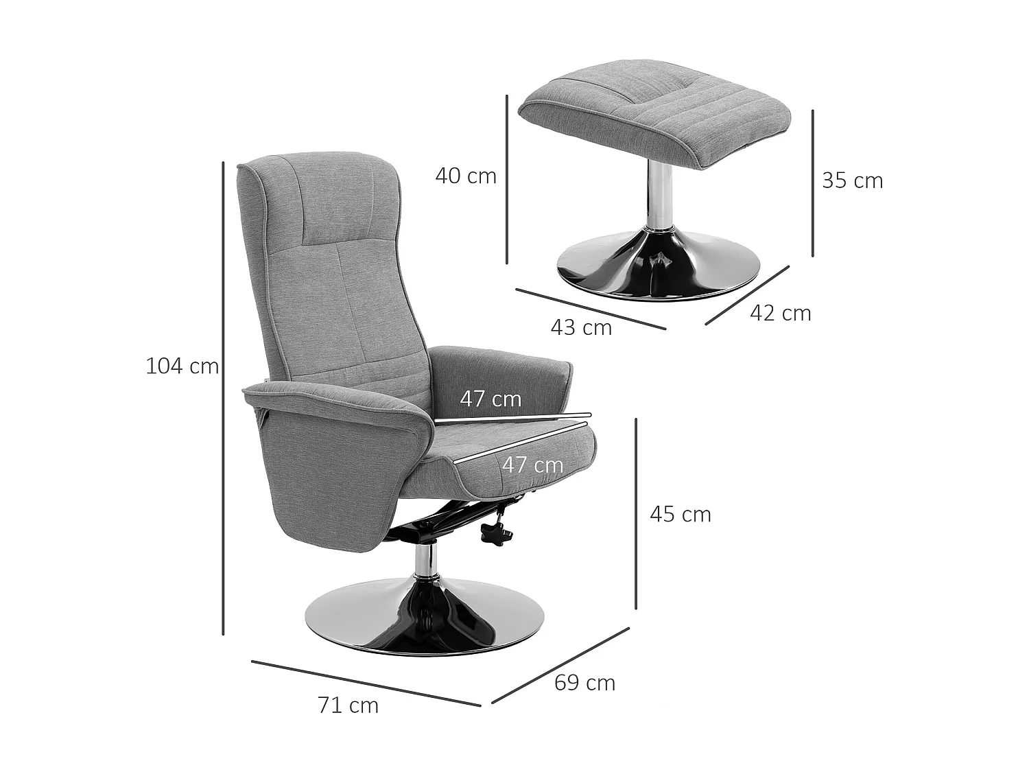 Fauteuil relax style contemporain - pivotant, dossier inclinable, repose-pied - piètement acier chromé tissu gris